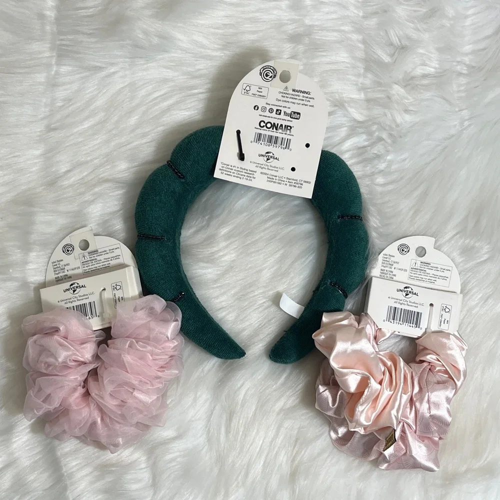 NWT Wicked Scunci Green Headband Pink Ponytail Holder Scrunchies Set